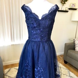 NWT Chi Chi London Navy Lace Off Shoulder Dress